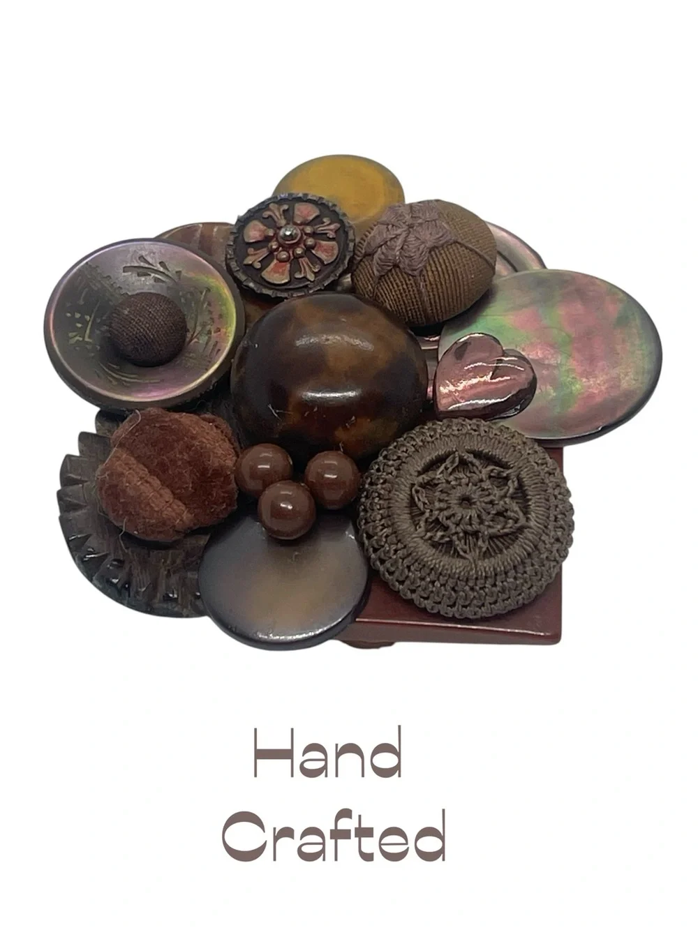 Hand Crafted Antique Brown Glass Resin Fabric Buttons Brooch NWT